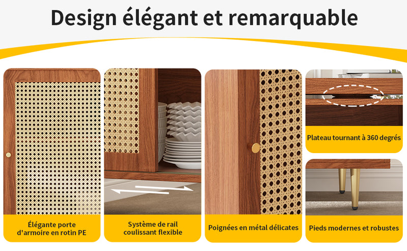 Bar de Salon Extensible et Rotatif à 360° Marron avec Rangement en Rotin et Pieds Dorés GRODRAK BROWN