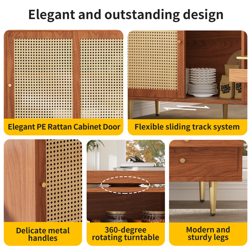 Bar de Salon Extensible et Rotatif à 360° Marron avec Rangement en Rotin et Pieds Dorés GRODRAK BROWN