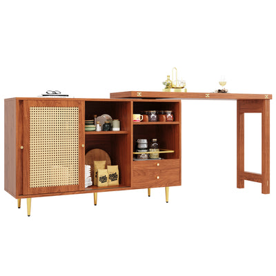 Bar de Salon Extensible et Rotatif à 360° Marron avec Rangement en Rotin et Pieds Dorés GRODRAK BROWN