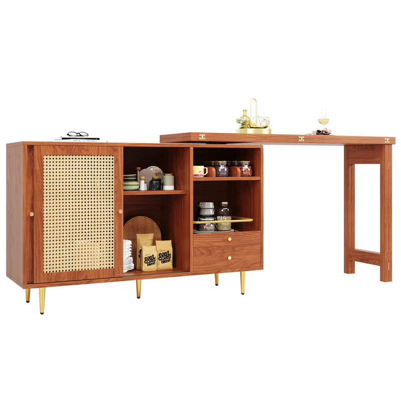Bar de Salon Extensible et Rotatif à 360° Marron avec Rangement en Rotin et Pieds Dorés GRODRAK BROWN