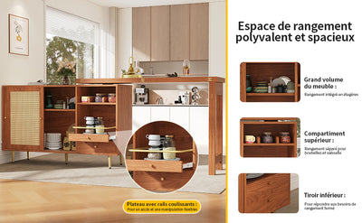 Bar de Salon Extensible et Rotatif à 360° Marron avec Rangement en Rotin et Pieds Dorés GRODRAK BROWN