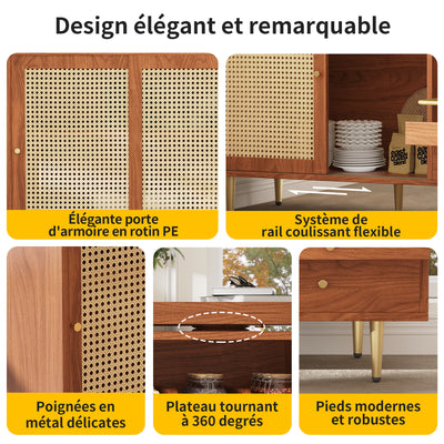 Bar de Salon Extensible et Rotatif à 360° Marron avec Rangement en Rotin et Pieds Dorés GRODRAK BROWN