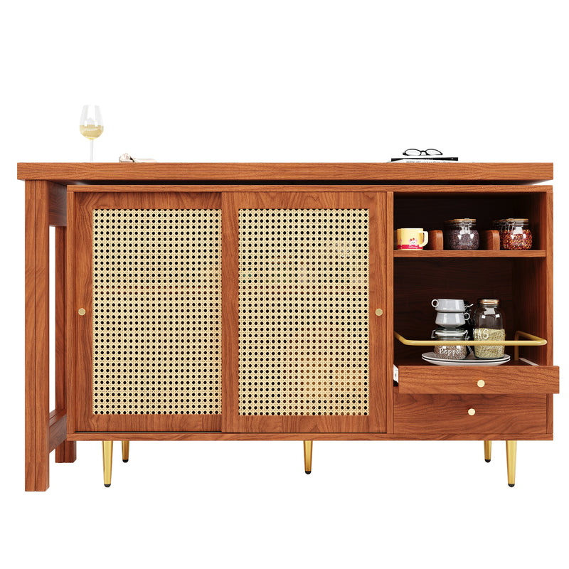 Bar de Salon Extensible et Rotatif à 360° Marron avec Rangement en Rotin et Pieds Dorés GRODRAK BROWN