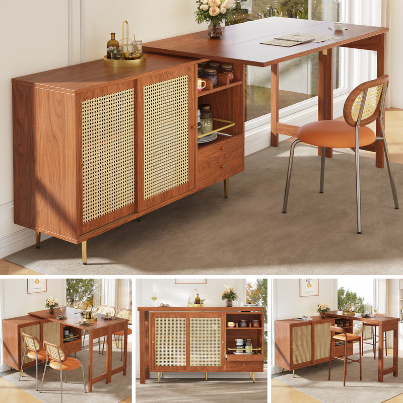 Bar de Salon Extensible et Rotatif à 360° Marron avec Rangement en Rotin et Pieds Dorés GRODRAK BROWN