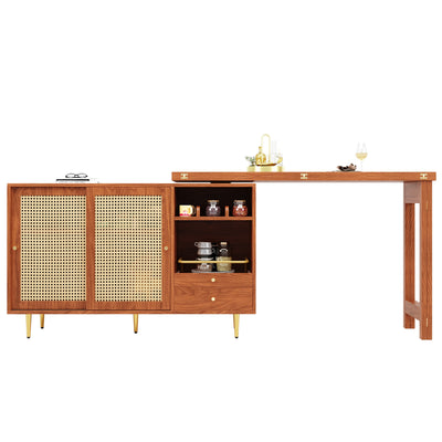 Bar de Salon Extensible et Rotatif à 360° Marron avec Rangement en Rotin et Pieds Dorés GRODRAK BROWN