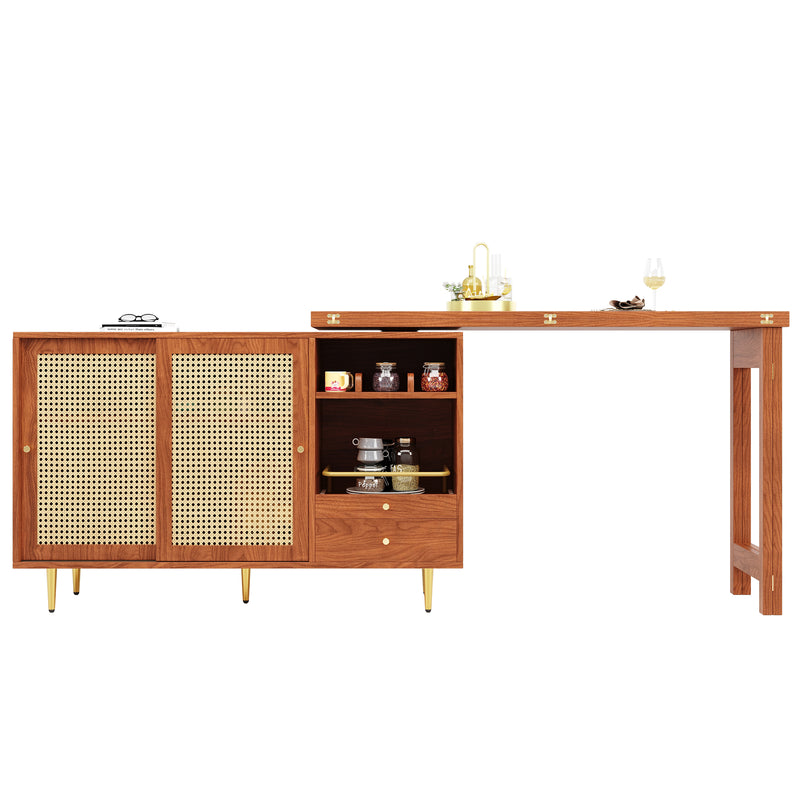 Bar de Salon Extensible et Rotatif à 360° Marron avec Rangement en Rotin et Pieds Dorés GRODRAK BROWN