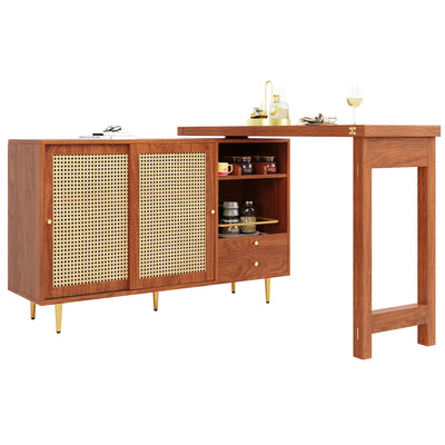 Bar de Salon Extensible et Rotatif à 360° Marron avec Rangement en Rotin et Pieds Dorés GRODRAK BROWN
