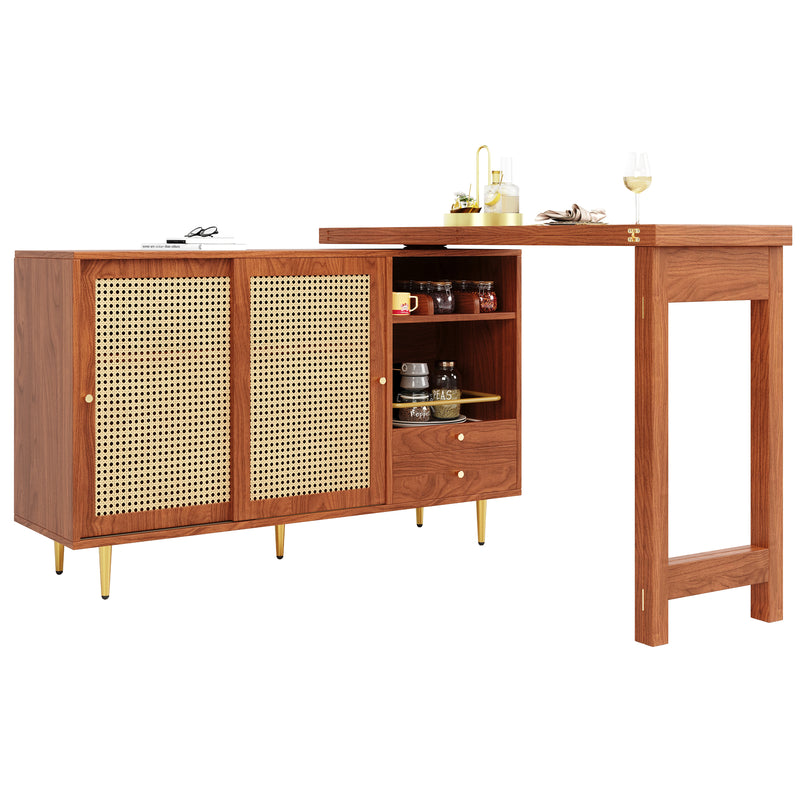 Bar de Salon Extensible et Rotatif à 360° Marron avec Rangement en Rotin et Pieds Dorés GRODRAK BROWN