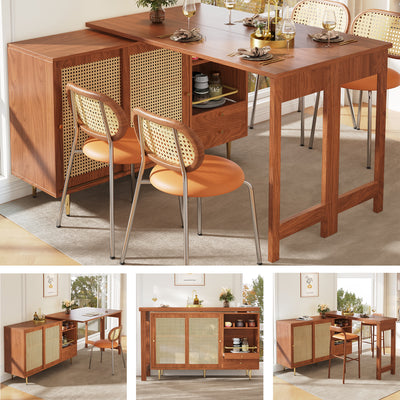 Bar de Salon Extensible et Rotatif à 360° Marron avec Rangement en Rotin et Pieds Dorés GRODRAK BROWN