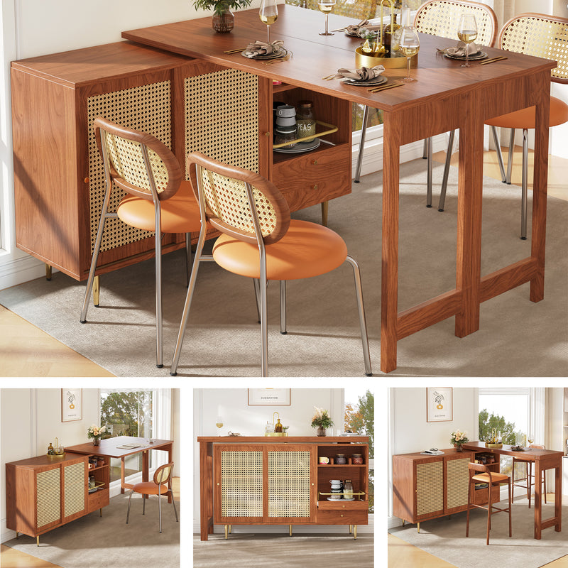 Bar de Salon Extensible et Rotatif à 360° Marron avec Rangement en Rotin et Pieds Dorés GRODRAK BROWN