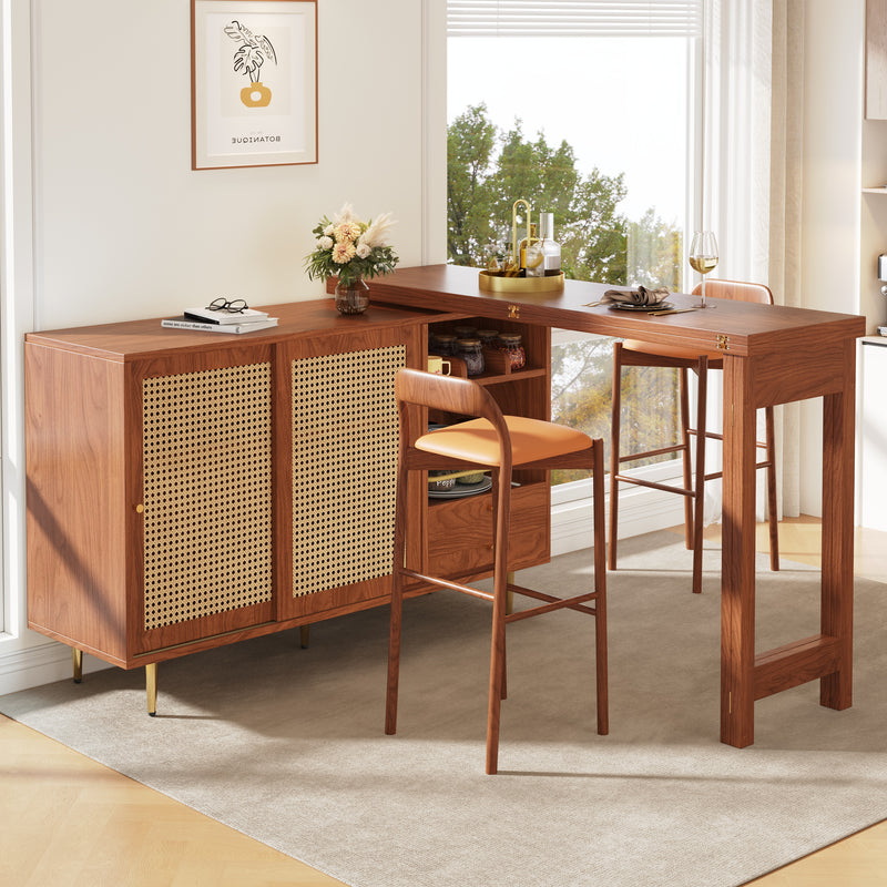 Bar de Salon Extensible et Rotatif à 360° Marron avec Rangement en Rotin et Pieds Dorés GRODRAK BROWN