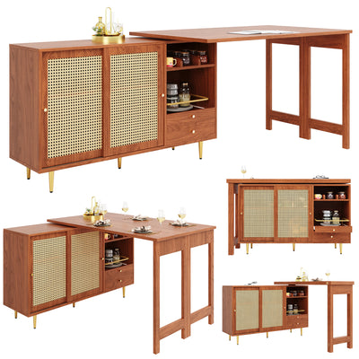 Bar de Salon Extensible et Rotatif à 360° Marron avec Rangement en Rotin et Pieds Dorés GRODRAK BROWN