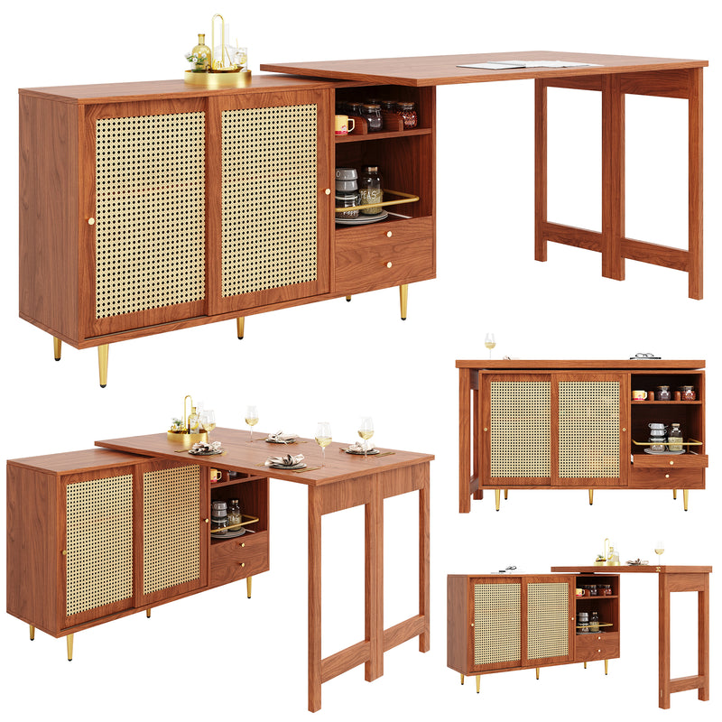 Bar de Salon Extensible et Rotatif à 360° Marron avec Rangement en Rotin et Pieds Dorés GRODRAK BROWN