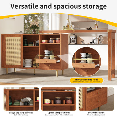 Bar de Salon Extensible et Rotatif à 360° Marron avec Rangement en Rotin et Pieds Dorés GRODRAK BROWN