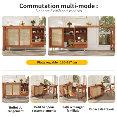 Bar de Salon Extensible et Rotatif à 360° Marron avec Rangement en Rotin et Pieds Dorés GRODRAK BROWN