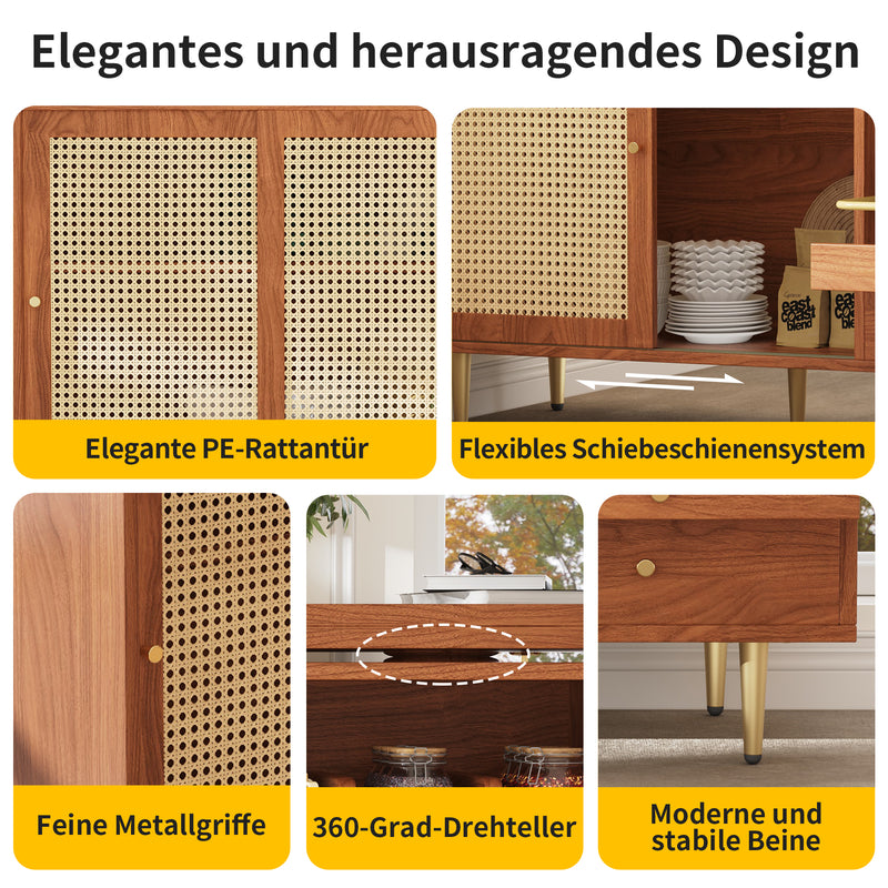 Bar de Salon Extensible et Rotatif à 360° Marron avec Rangement en Rotin et Pieds Dorés GRODRAK BROWN
