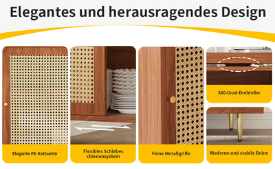 Bar de Salon Extensible et Rotatif à 360° Marron avec Rangement en Rotin et Pieds Dorés GRODRAK BROWN