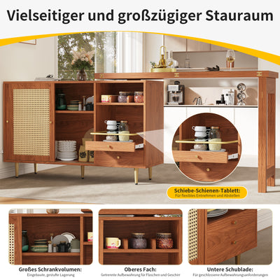 Bar de Salon Extensible et Rotatif à 360° Marron avec Rangement en Rotin et Pieds Dorés GRODRAK BROWN