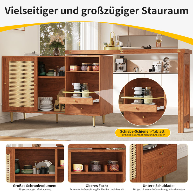Bar de Salon Extensible et Rotatif à 360° Marron avec Rangement en Rotin et Pieds Dorés GRODRAK BROWN