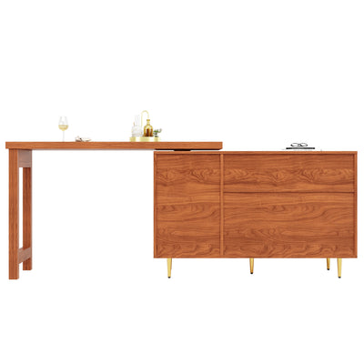 Bar de Salon Extensible et Rotatif à 360° Marron avec Rangement en Rotin et Pieds Dorés GRODRAK BROWN