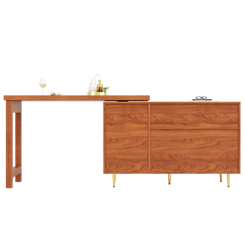 Bar de Salon Extensible et Rotatif à 360° Marron avec Rangement en Rotin et Pieds Dorés GRODRAK BROWN
