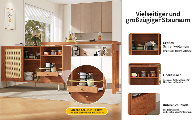 Bar de Salon Extensible et Rotatif à 360° Marron avec Rangement en Rotin et Pieds Dorés GRODRAK BROWN