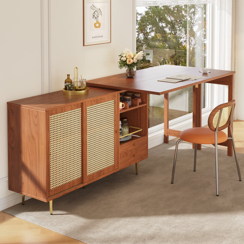 Bar de Salon Extensible et Rotatif à 360° Marron avec Rangement en Rotin et Pieds Dorés GRODRAK BROWN