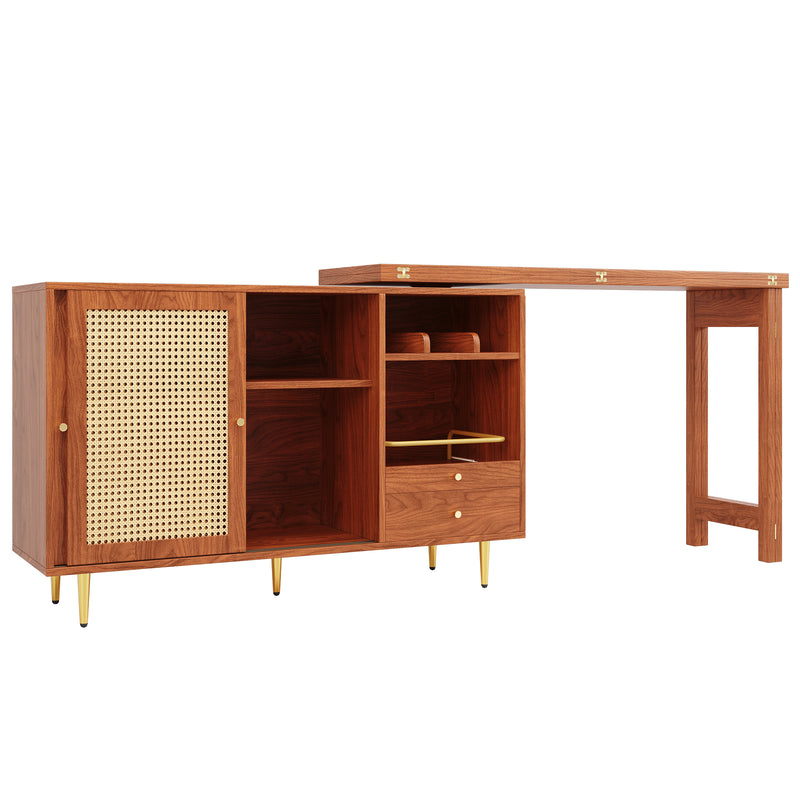 Bar de Salon Extensible et Rotatif à 360° Marron avec Rangement en Rotin et Pieds Dorés GRODRAK BROWN