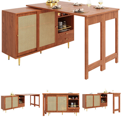 Bar de Salon Extensible et Rotatif à 360° Marron avec Rangement en Rotin et Pieds Dorés GRODRAK BROWN