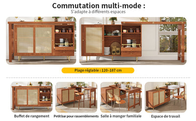 Bar de Salon Extensible et Rotatif à 360° Marron avec Rangement en Rotin et Pieds Dorés GRODRAK BROWN