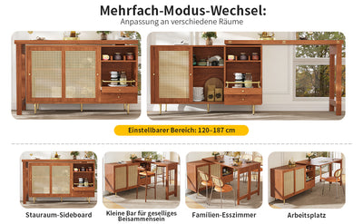 Bar de Salon Extensible et Rotatif à 360° Marron avec Rangement en Rotin et Pieds Dorés GRODRAK BROWN