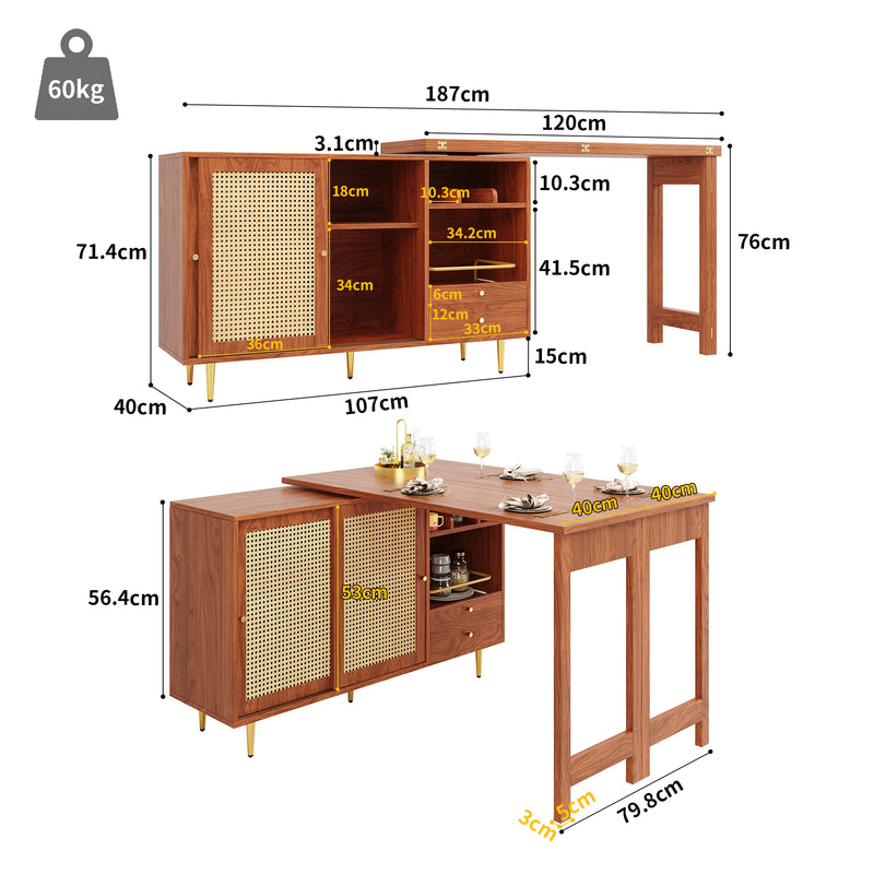 Bar de Salon Extensible et Rotatif à 360° Marron avec Rangement en Rotin et Pieds Dorés GRODRAK BROWN