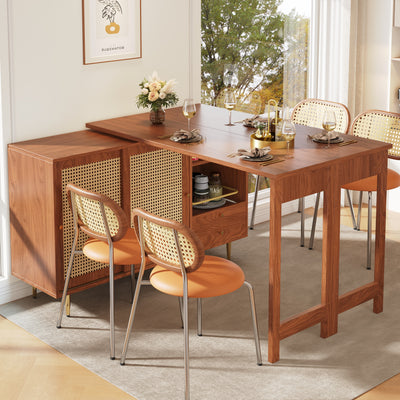Bar de Salon Extensible et Rotatif à 360° Marron avec Rangement en Rotin et Pieds Dorés GRODRAK BROWN