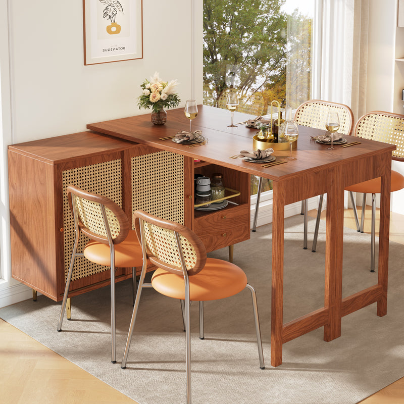 Bar de Salon Extensible et Rotatif à 360° Marron avec Rangement en Rotin et Pieds Dorés GRODRAK BROWN