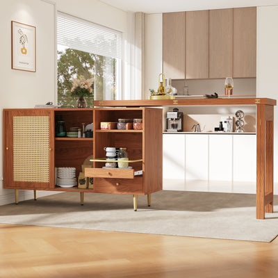 Bar de Salon Extensible et Rotatif à 360° Marron avec Rangement en Rotin et Pieds Dorés GRODRAK BROWN