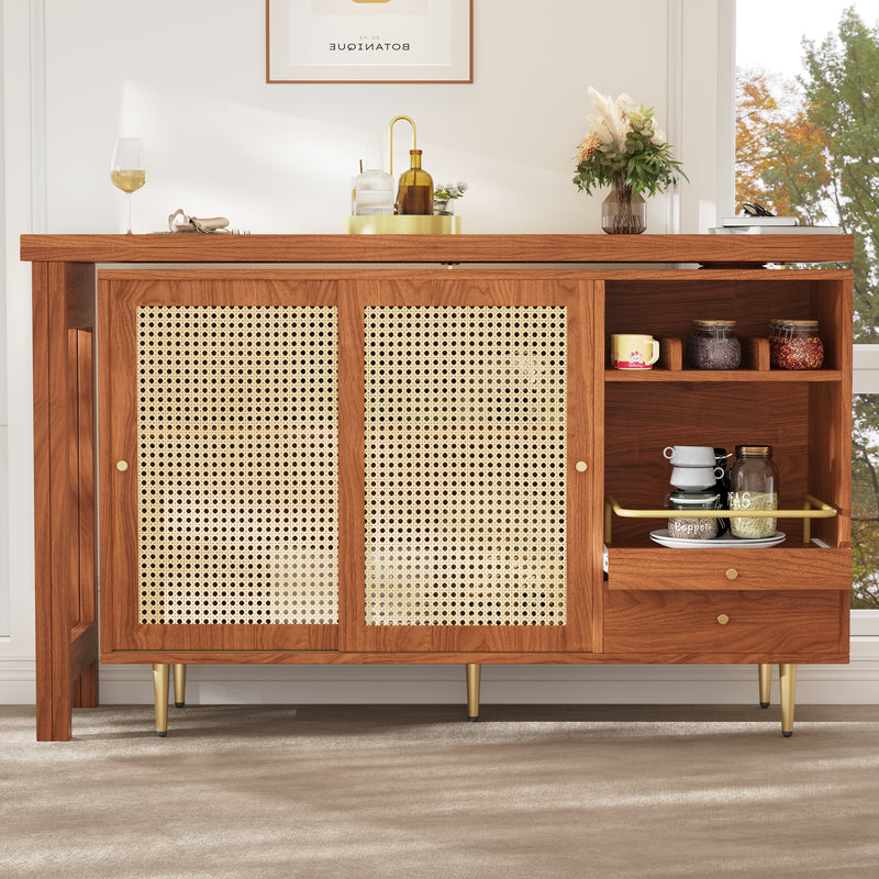 Bar de Salon Extensible et Rotatif à 360° Marron avec Rangement en Rotin et Pieds Dorés GRODRAK BROWN