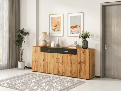Grand Buffet de Rangement Rustique Moderne en Bois Marron avec 2 Tiroirs, 4 Portes et Pieds en Bois Massif (208x39.5x80cm) HERNON
