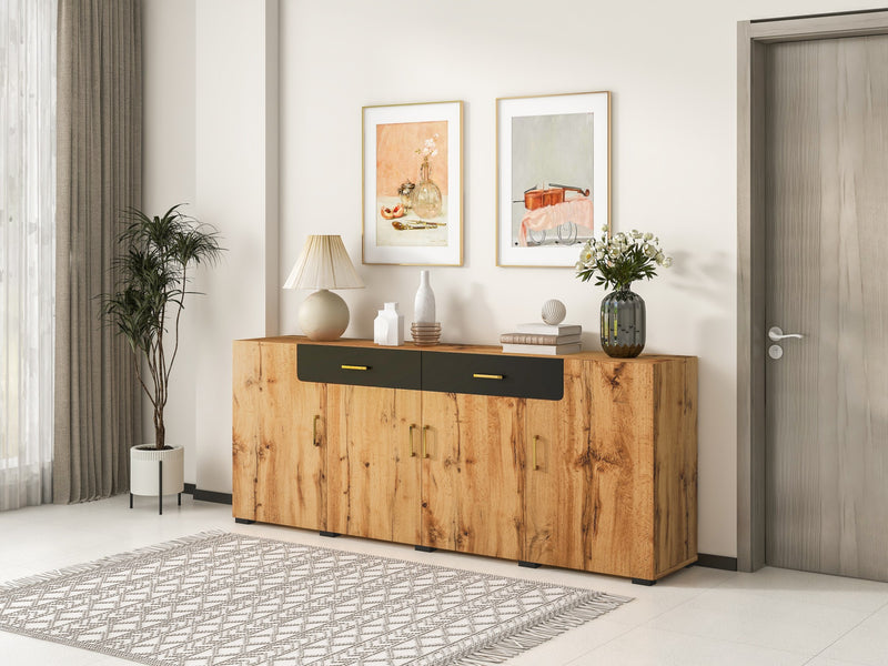 Grand Buffet de Rangement Rustique Moderne en Bois Marron avec 2 Tiroirs, 4 Portes et Pieds en Bois Massif (208x39.5x80cm) HERNON