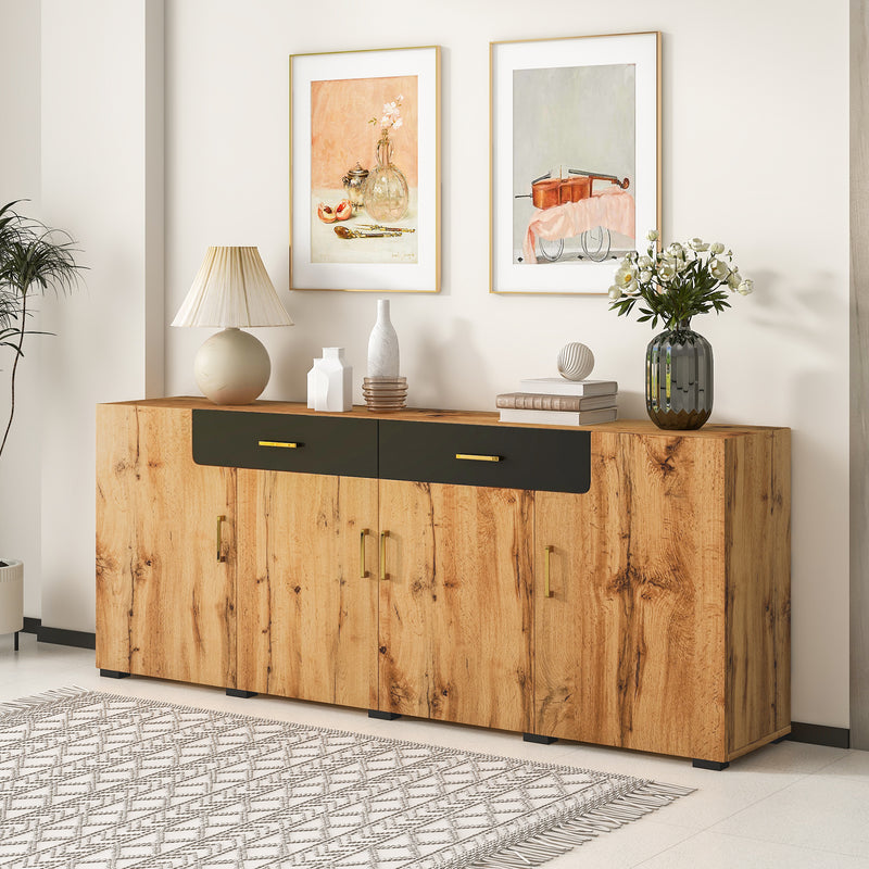 Grand Buffet de Rangement Rustique Moderne en Bois Marron avec 2 Tiroirs, 4 Portes et Pieds en Bois Massif (208x39.5x80cm) HERNON