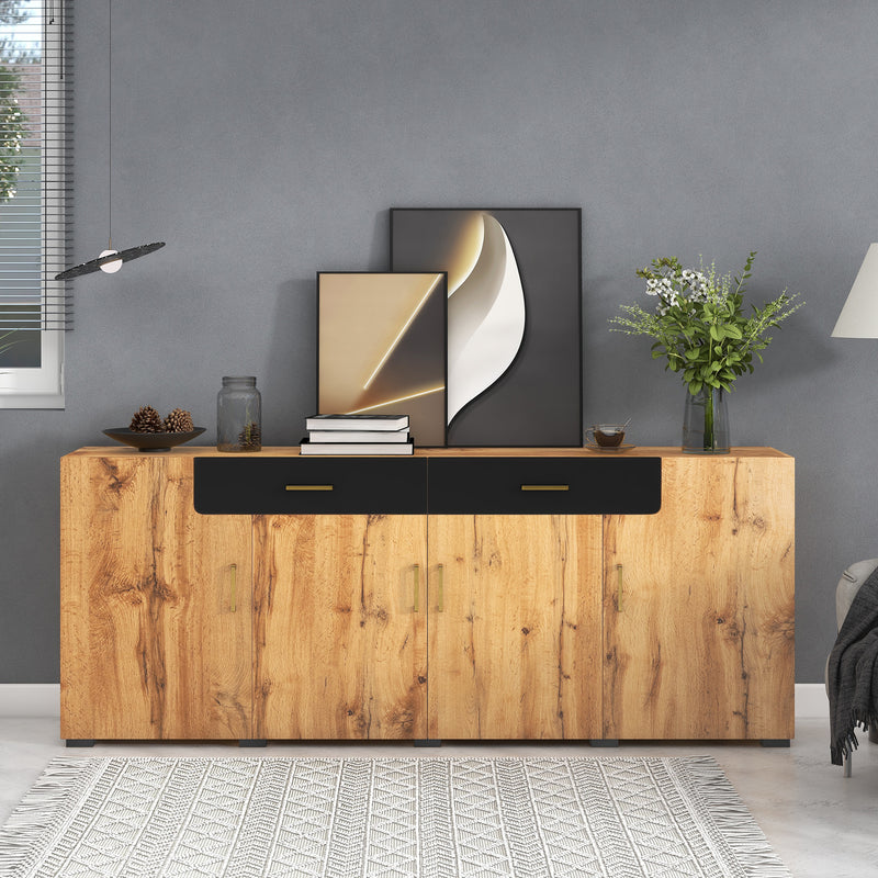 Grand Buffet de Rangement Rustique Moderne en Bois Marron avec 2 Tiroirs, 4 Portes et Pieds en Bois Massif (208x39.5x80cm) HERNON