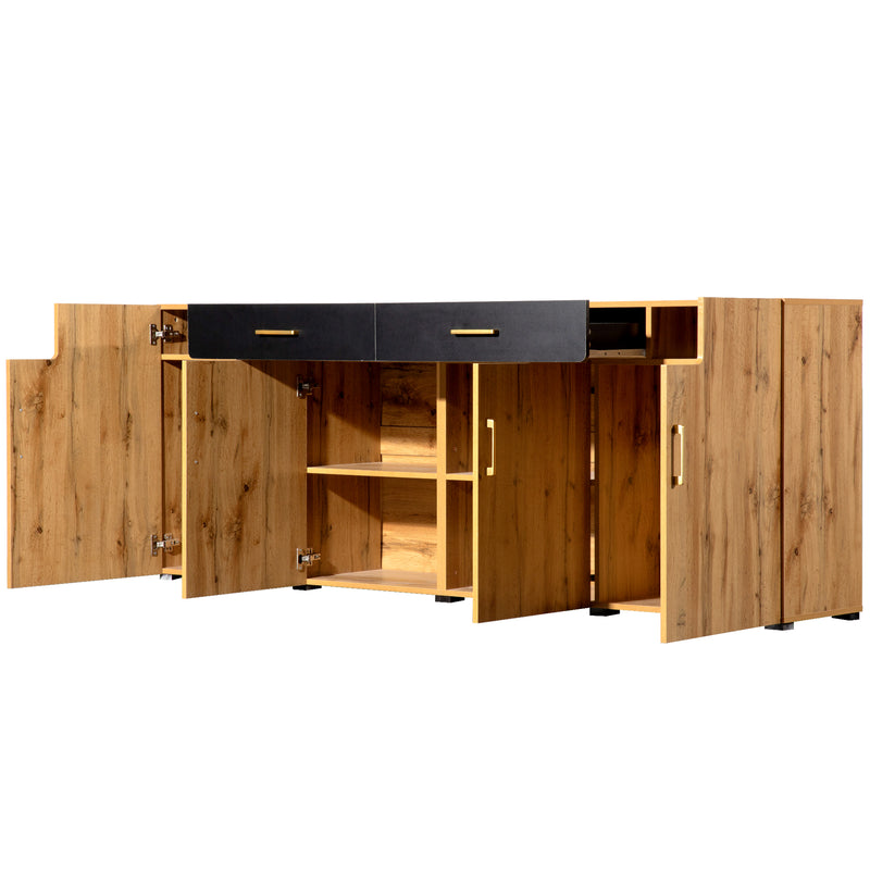 Grand Buffet de Rangement Rustique Moderne en Bois Marron avec 2 Tiroirs, 4 Portes et Pieds en Bois Massif (208x39.5x80cm) HERNON