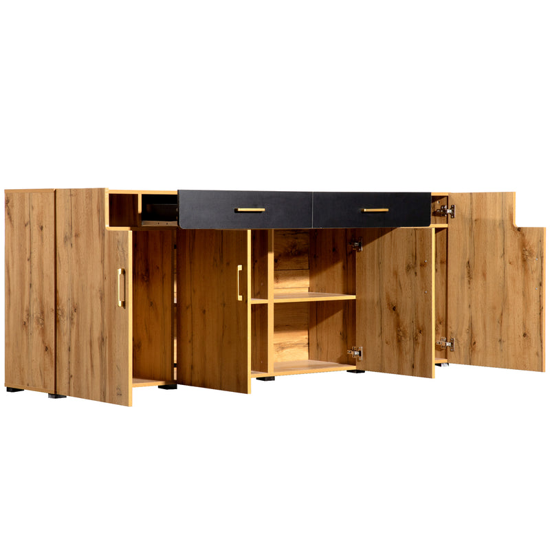Grand Buffet de Rangement Rustique Moderne en Bois Marron avec 2 Tiroirs, 4 Portes et Pieds en Bois Massif (208x39.5x80cm) HERNON