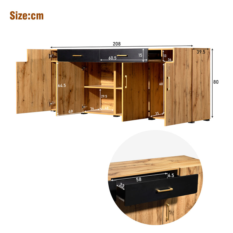 Grand Buffet de Rangement Rustique Moderne en Bois Marron avec 2 Tiroirs, 4 Portes et Pieds en Bois Massif (208x39.5x80cm) HERNON