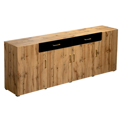 Grand Buffet de Rangement Rustique Moderne en Bois Marron avec 2 Tiroirs, 4 Portes et Pieds en Bois Massif (208x39.5x80cm) HERNON