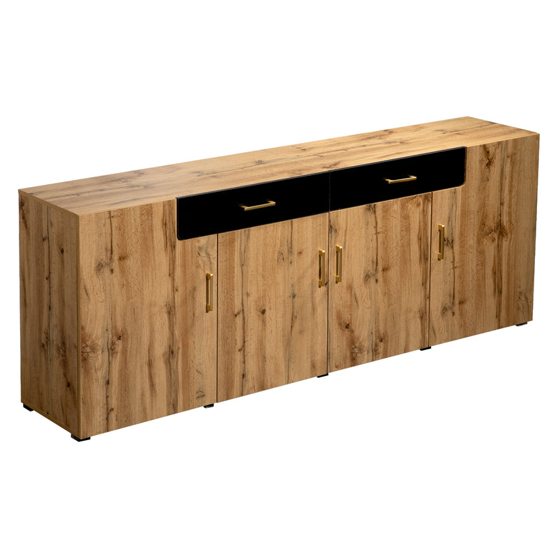 Grand Buffet de Rangement Rustique Moderne en Bois Marron avec 2 Tiroirs, 4 Portes et Pieds en Bois Massif (208x39.5x80cm) HERNON