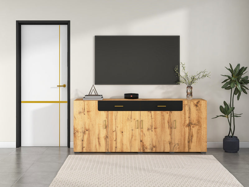 Grand Buffet de Rangement Rustique Moderne en Bois Marron avec 2 Tiroirs, 4 Portes et Pieds en Bois Massif (208x39.5x80cm) HERNON