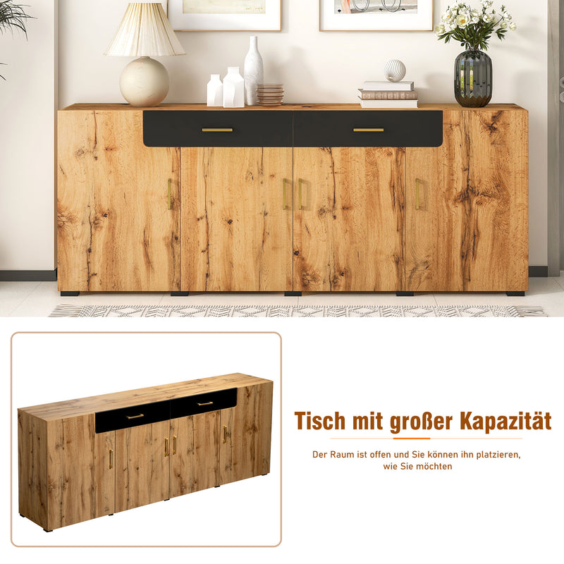 Grand Buffet de Rangement Rustique Moderne en Bois Marron avec 2 Tiroirs, 4 Portes et Pieds en Bois Massif (208x39.5x80cm) HERNON