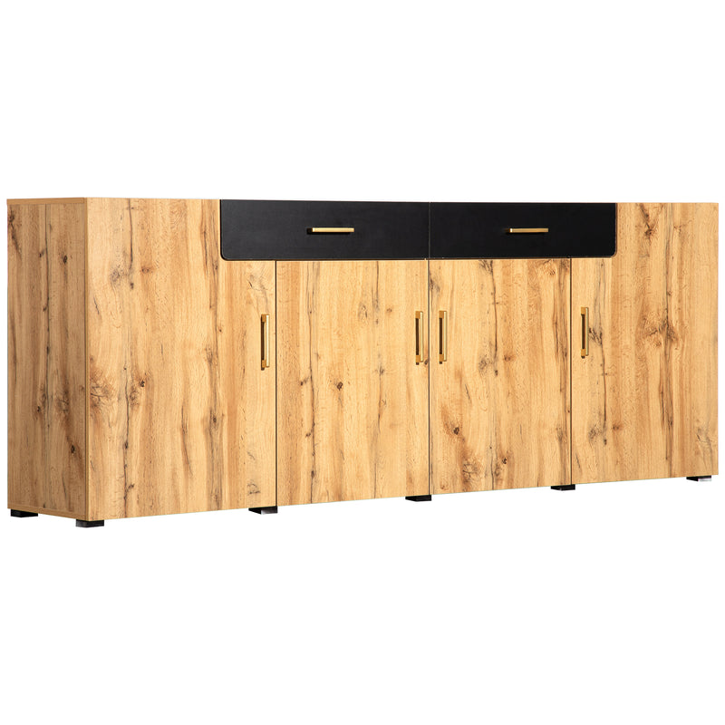 Grand Buffet de Rangement Rustique Moderne en Bois Marron avec 2 Tiroirs, 4 Portes et Pieds en Bois Massif (208x39.5x80cm) HERNON