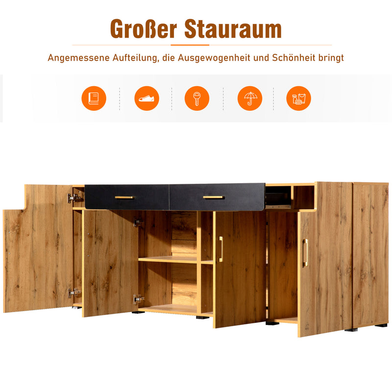 Grand Buffet de Rangement Rustique Moderne en Bois Marron avec 2 Tiroirs, 4 Portes et Pieds en Bois Massif (208x39.5x80cm) HERNON