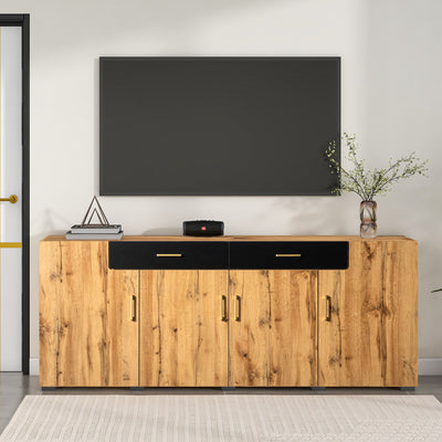 Grand Buffet de Rangement Rustique Moderne en Bois Marron avec 2 Tiroirs, 4 Portes et Pieds en Bois Massif (208x39.5x80cm) HERNON
